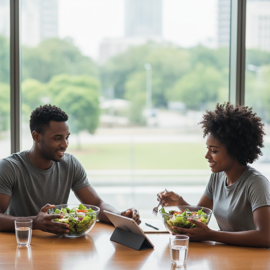 A Black man and woman sit across from each other at a wooden table in front of a large window, eating salads and looking at a tablet.