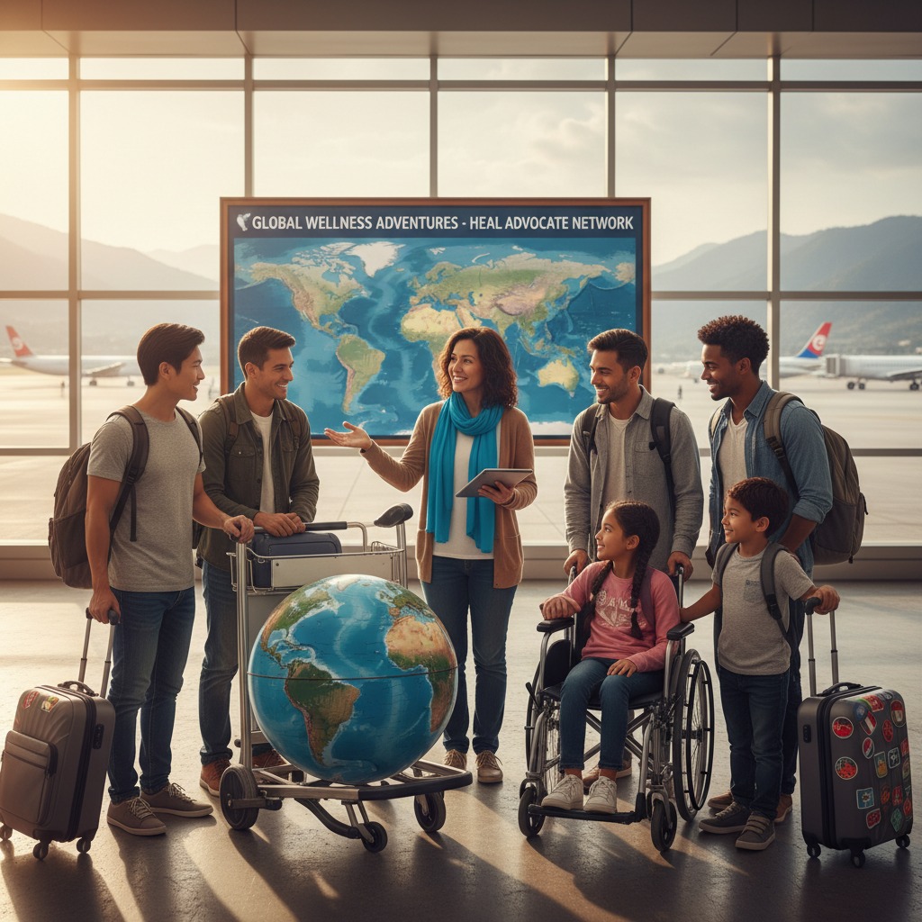 A diverse group of adults and children gather with luggage in an airport terminal in front of a world map and large windows overlooking the tarmac.